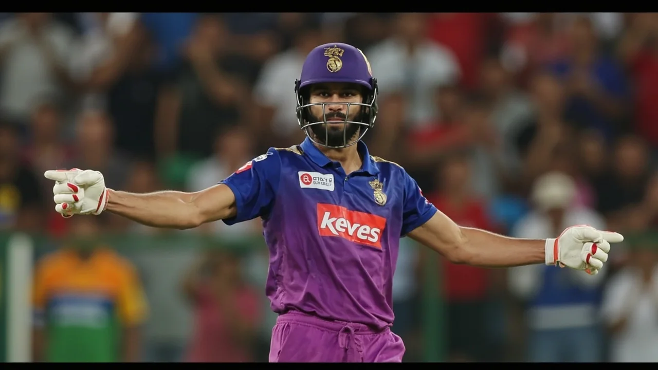 Wide evening view of an Indian Premier League cricket ground with floodlights, packed stands and a brown pitch centre as Kolkata Knight Riders take the field in their purple and gold kit