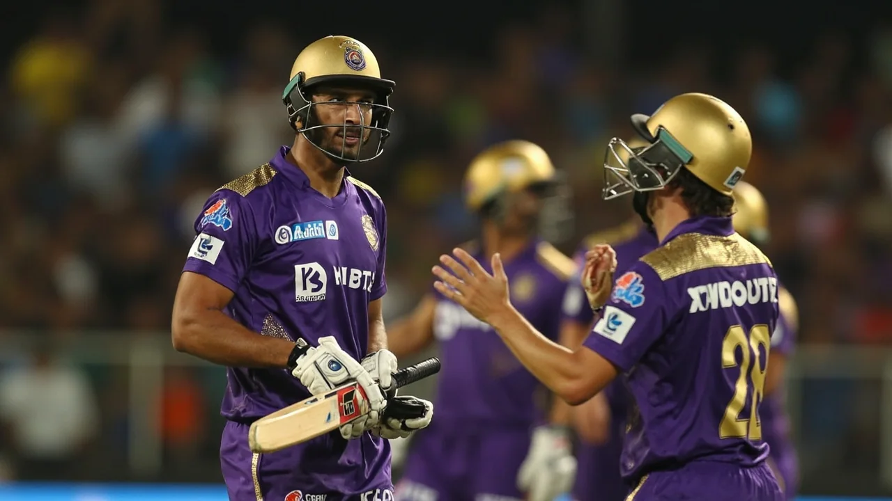 Cricket field setting with the bowler running in at one end and three fielders in catching positions on the off side during the death overs of an Indian Premier League match