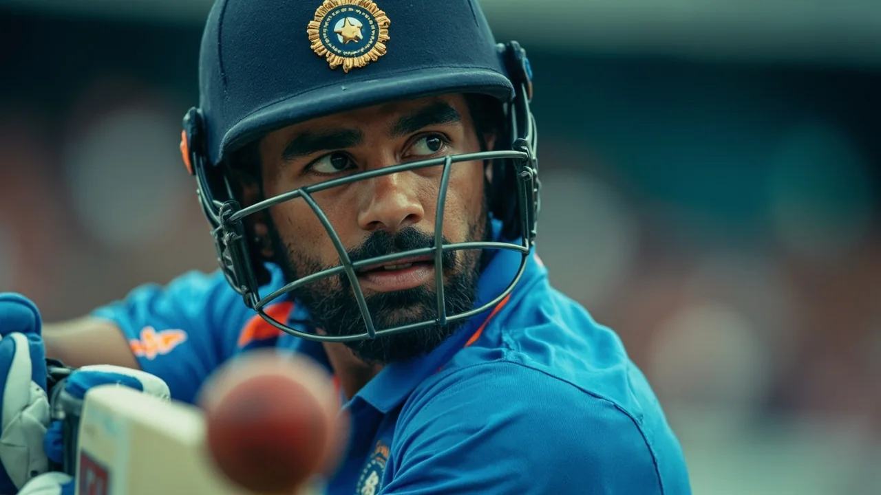 A batsman in a cricket match preparing to play a shot on the off side