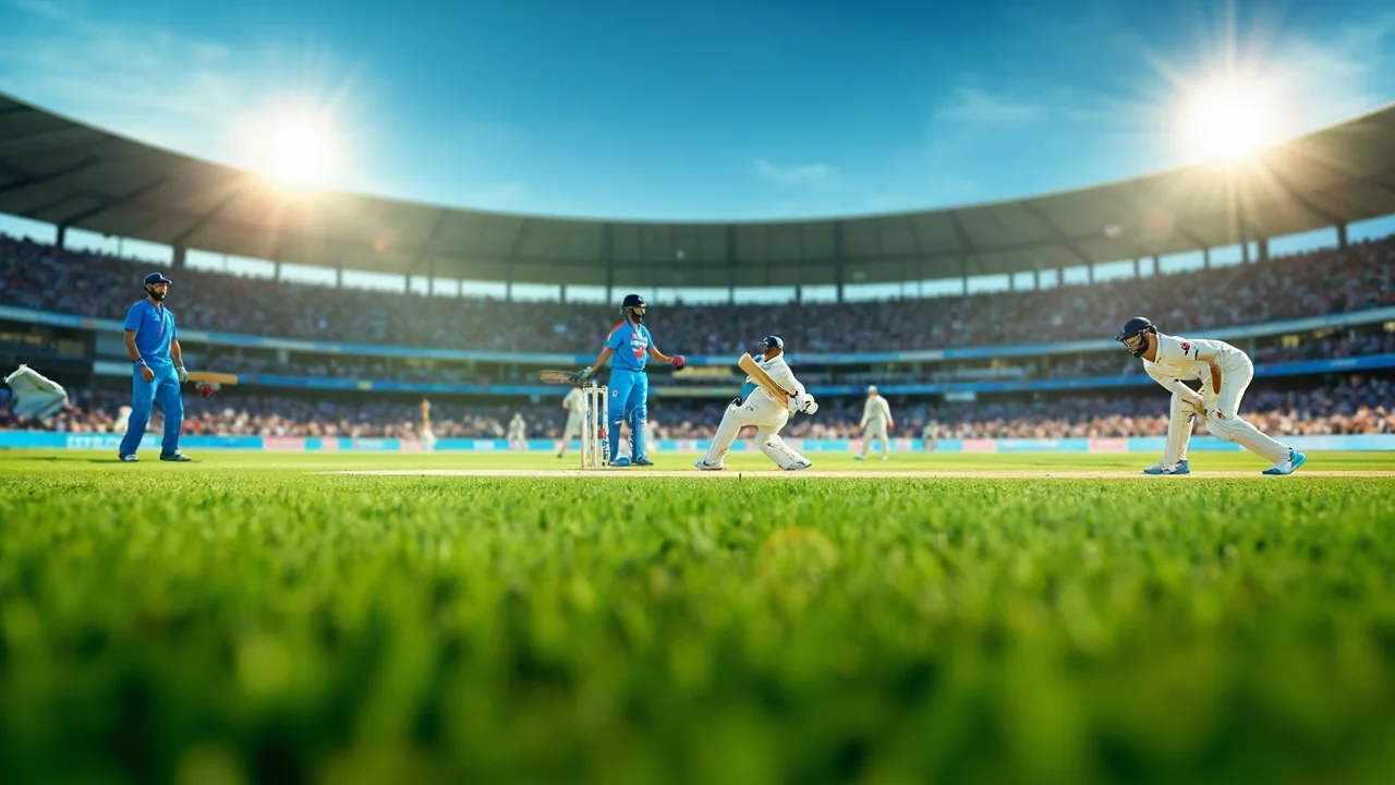 Cricket stadium under lights with the playing arena in view