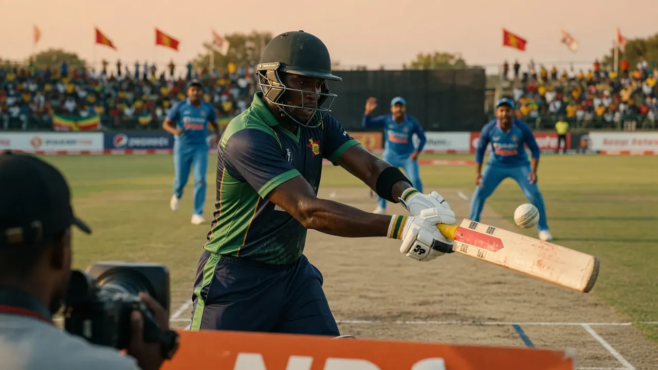 Batter in a dark green and navy helmet and jersey swinging a bat as a white ball arrives, with blue-jersey fielders and a photographer in the foreground