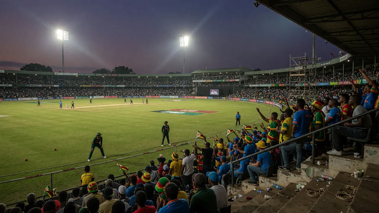 Floodlit cricket ground at dusk with a full crowd, spectators waving yellow-green-red flags from the stands and fielders on the outfield