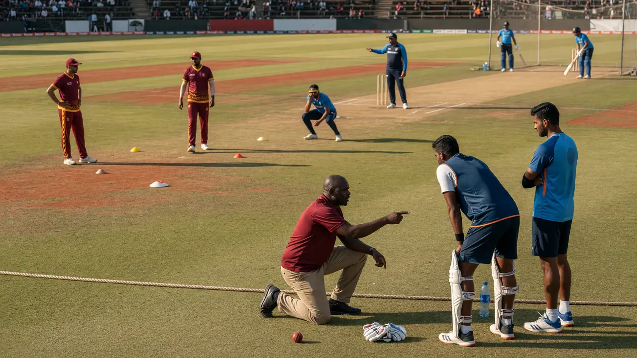 Coach in a maroon polo kneels on the outfield pointing while two batters in blue training tops listen, with fielders and cones on a sunlit pitch behind them