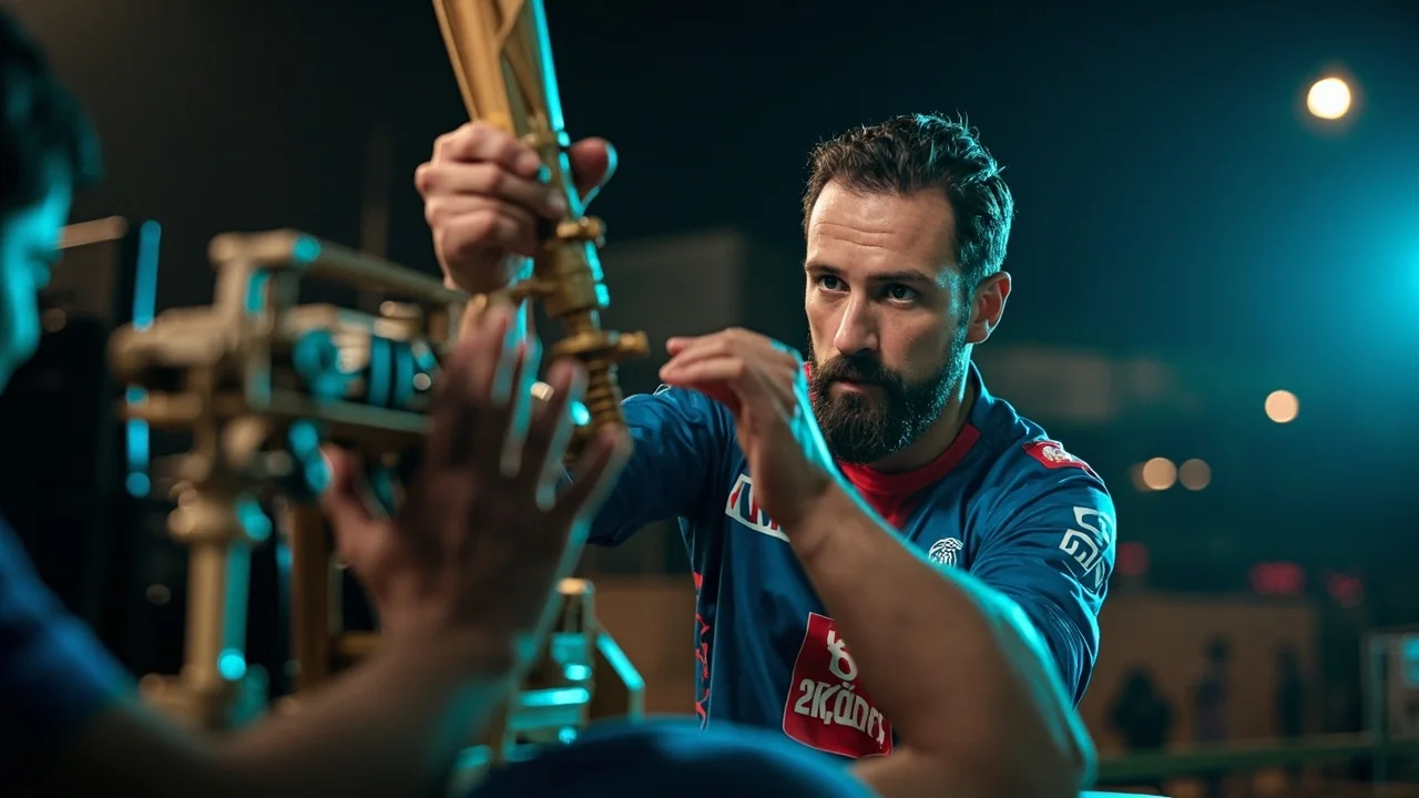 Editorial photograph of an auction tactical-room setting with bidding paddles and a laptop showing squad lists, photographed for the IPL 2026 squad construction explainer